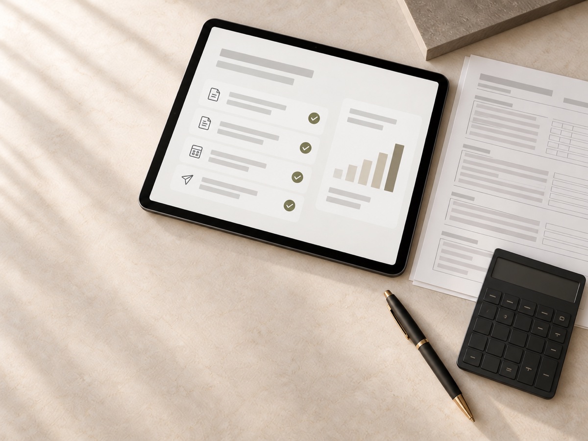 Digitaler Steuerprozess mit Tablet, Unterlagen und Rechner